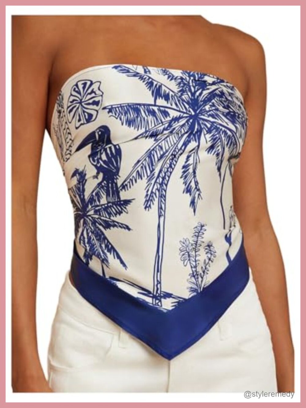 Women's Tropical Print Tie Back Strapless Bandeau Tube Top Asymmetrical Hem